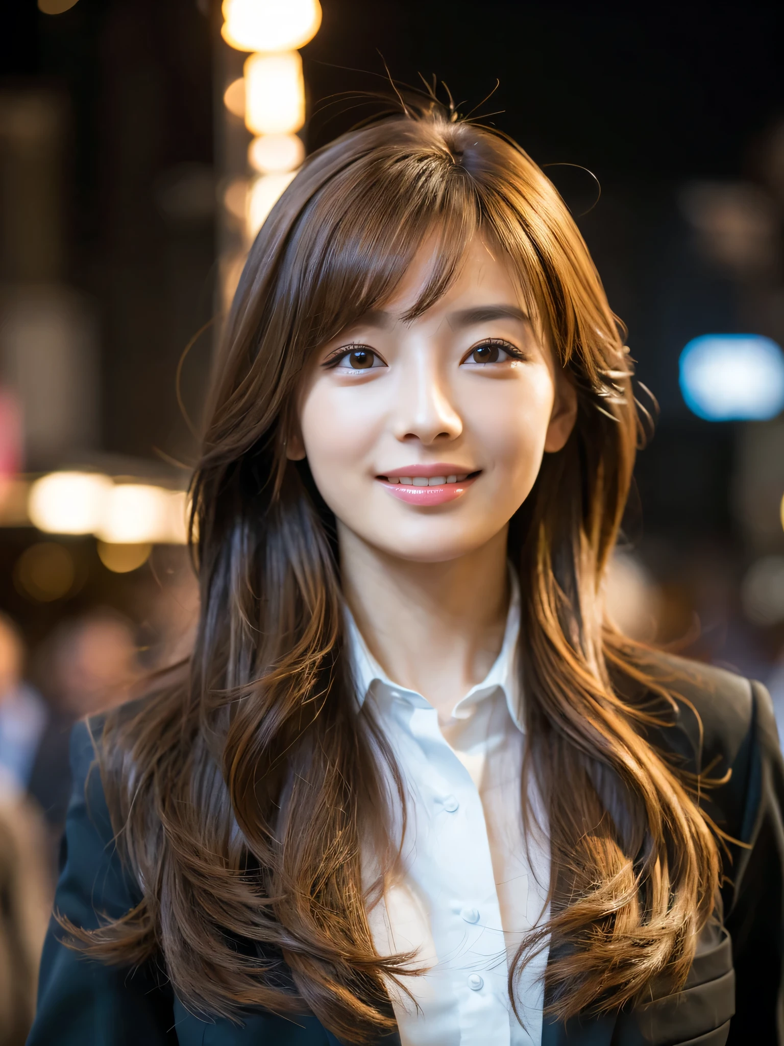 table top、highest quality、genuine、Super detailed、finely、High resolution、8k wallpaper、one beautiful woman、、、light brown disheveled hair、wearing a business suit、sharp focus、perfect dynamic composition、beautiful and detailed eyes、thin hair、Detailed genuine skin texture、smile、close-up portrait、model body shape、In Kyoto at night