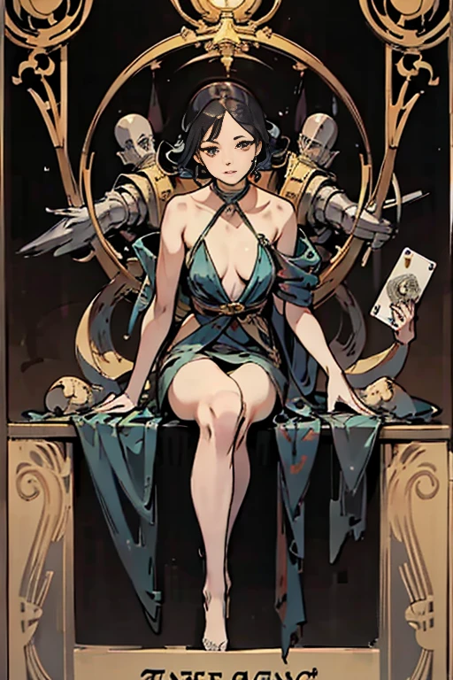 highest quality,masterpiece,((tarot cards,Art Deco Frame)),magician、 Arcana４Put the Great Element on the table.、With a posture that connects heaven and earth、magicianが錬金術を行使しています。The figure is full of talent and confidence、It&#39;s as if he is expressing that he can create anything.。
