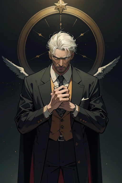 masterpiece:1.2, best quality, absurdres, stained glass background, dark lighting, action shot, gritty, man in a suit, SCI-FI, man with combed white hair, centered portrait, in the style of Kentaro Miura, (1male), rugged masculine man, somber expression, comic, intricate, surreal, yellow filled-in halo behind his head as symbolism for the Hanged Man, a conflicted man,