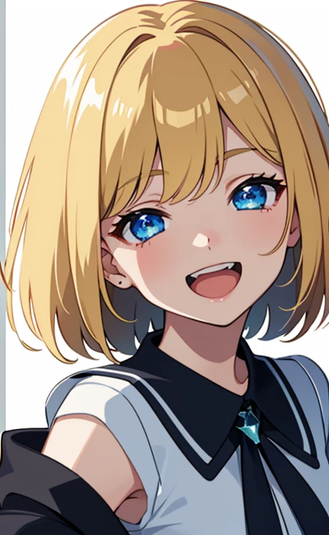 (​masterpiece、top-quality、8k size wallpaper、offcial art)、(portrait,upper body:1.6)、(1girl),(very loud laugh,Open mouth:1.3),(half closed eyes),cute face,blue eyes、(short hair)、
,(stand),(Shining smile),(Sparkling:1.3),(Sparkling:1.3),(Sparkling:1.3),
,(slender),(school uniform),(long fluorescence blonde hair1.3), (small breasts)、
、fluorescence、classroom,JK、
