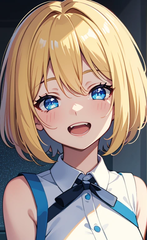 (masterpiece、top-quality、8k size wallpaper、offcial art)、(portrait,upper body:1.6)、(1girl),(very loud laugh,Open mouth:1.3),(half closed eyes),cute face,blue eyes、(short hair)、
,(stand),(Shining smile),(Sparkling:1.3),(Sparkling:1.3),(Sparkling:1.3),
,(slender),(school uniform),(long fluorescence blonde hair1.3), (small breasts)、
、fluorescence、classroom,JK、