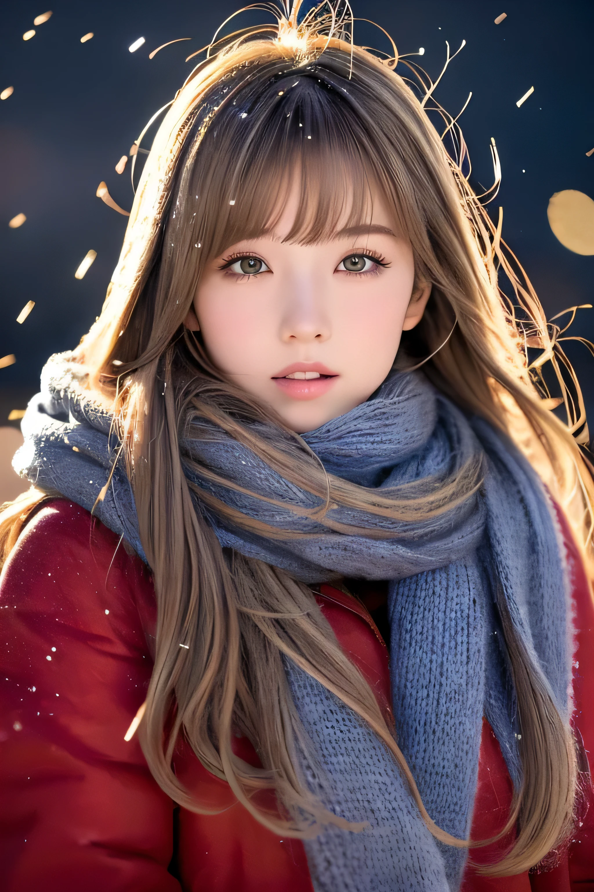 ((hair blowing in the wind、No makeup:1.2))、(realistic、Photoreal、super detailed、best detailed skins、highest quality、masterpiece、超A high resolution)、cute russian woman、14 years、high school girl、young girl、1 girl、have bangs、ash blonde:1.7、double eyelid、drooling eyes、Japanese style face、purity、realistic skin type、thick muffler、Gray muffler、fluffy hair、((There's hair in the scarf:1.3))、red cheeks、The wind is blowing、It's snowing、night、illumination、lighting from behind、hair blowing in the wind