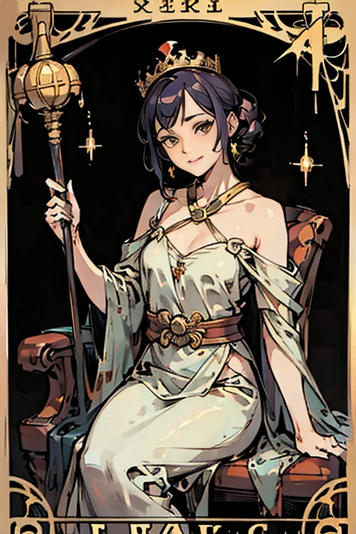 highest quality,masterpiece,((tarot cards,Art Deco Frame)),３：empress、A woman in a gorgeous dress in the garden、Golden scepter in hand、I&#39;m sitting on a soft seat like a sofa.。A crown with many sparkling stars、It&#39;s like a sprinkling of joy。
