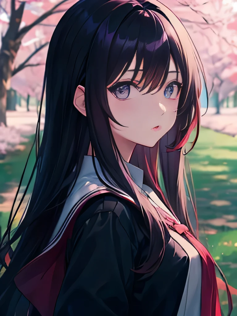 Anime girl, long hair, black hair, blue eyes, neutral features, scenery with purple cherry trees.