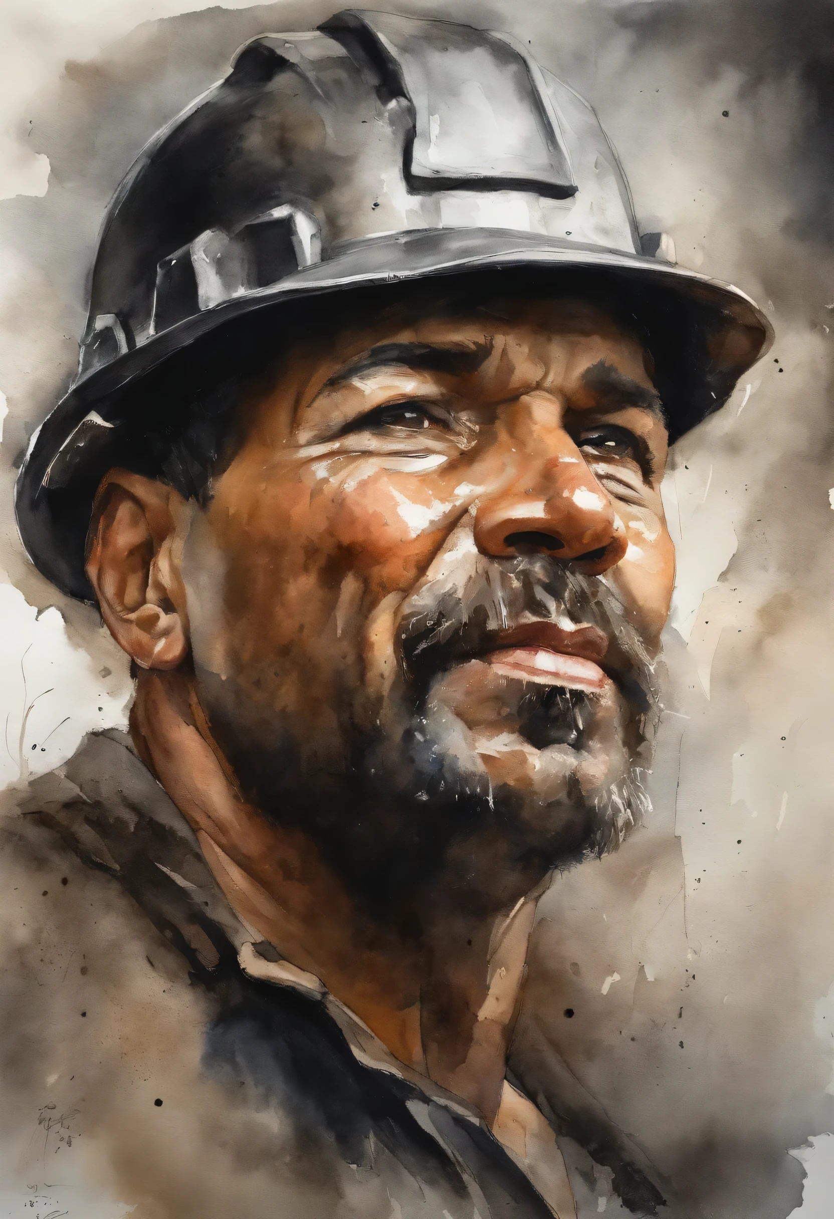 a foreign coal miner,Wearing a miner's hat,Half-length portrait with a cigarette in mouth, exhausted的,Tired,Dirty,((( exhausted ))),(Hard work), Renoir, dynamic lighting, art station, poster, Volumetric backlight, The facial details are very rich, Muscular body,strong,The eyes are shining,4 thousand., won,, 1 strong man, in the darkness, deep shadow, cautious,((( short hair hairstyle))), (((black hair)))