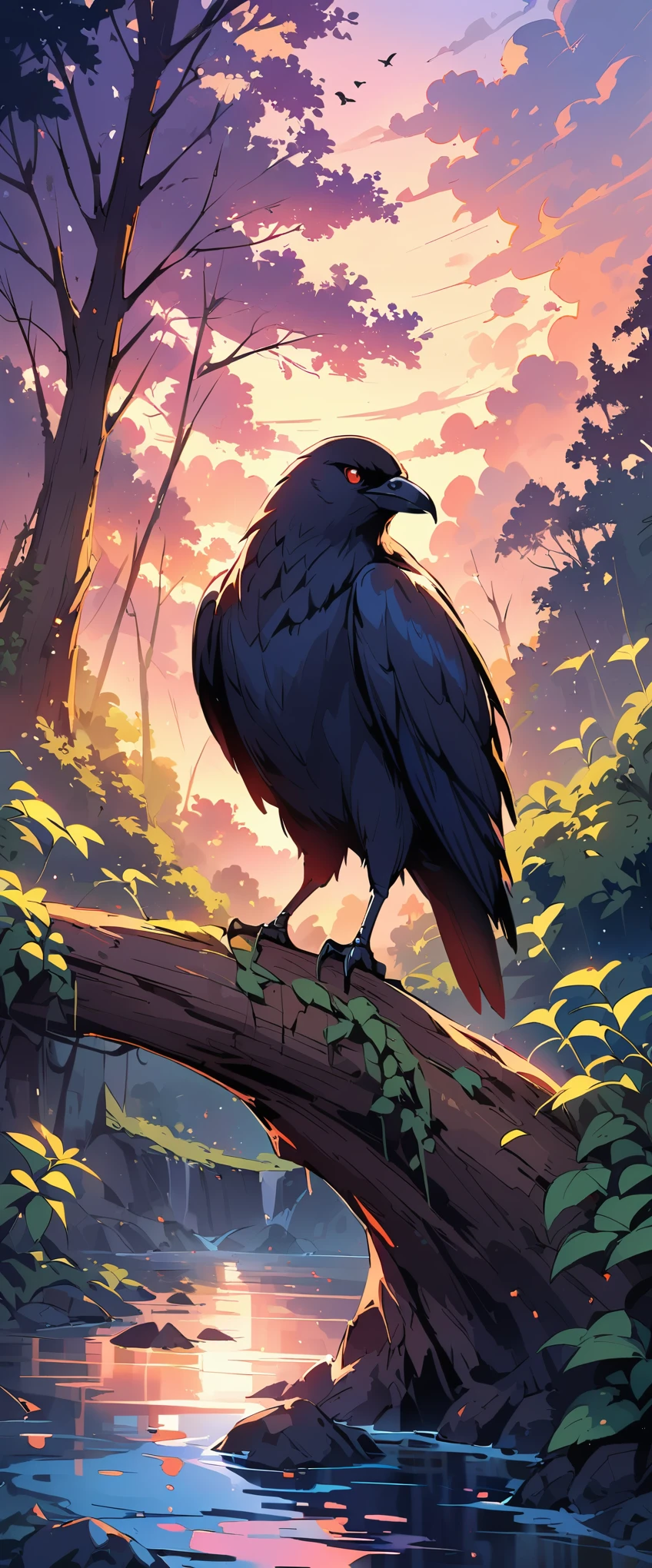 (highest quality、Super detailed)、forest、morning、foggy、Bright colors、unforgettably beautiful、mysterious light、Graceful branches、delicate leaves、quiet atmosphere、graceful、graceful生き物、black feather、sharp eyes、Intellectual gaze、Inquisitive nature, (Crow) Perched on a tree、(river flow)、(evening)