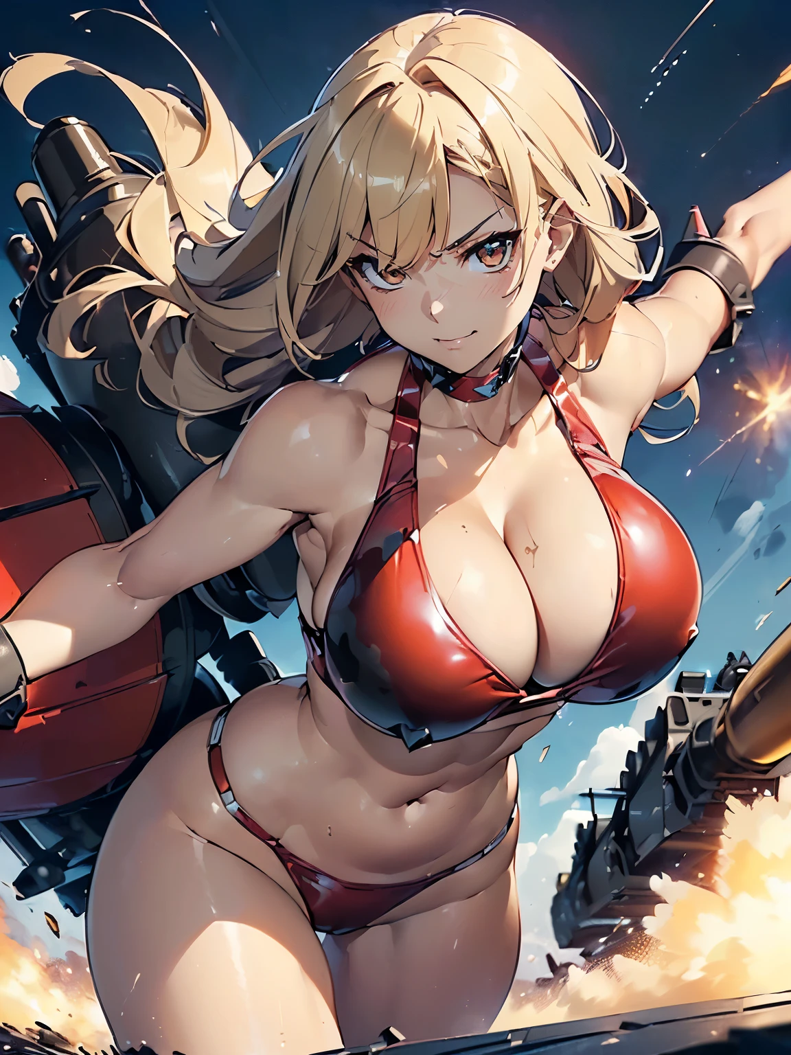 ((1 lady))、ultra-detailliert, Top image quality, digitial illustration, Seductive Anime Girl, Glossy realistic skin texture、Meticulously drawn hair, Meticulously drawn eye, Sharp Focus, Precise human body structure、Smooth texture、((Combative posing:1.5)), ((fighting stance))、((Holding a big Heavy artillery:1.6, armament:1.3))、((bazooka, gatling gun, rocket launcher))、((dynamism:1.3))、((dynamic angle:1.2))、((Hover effect:1.4)), ((Being in battle field:1.2))、seductive smile、((latex micro bikini:1.3 crop top:1.3))、((sleeveless))、((cleavage:1.3))、((crop top navel))、((highleg:1.3))、((huge breasts:1.3))、((huge hip:1.3))、((thick thighs))、curvy、((collarbone))、((cameltoe))
