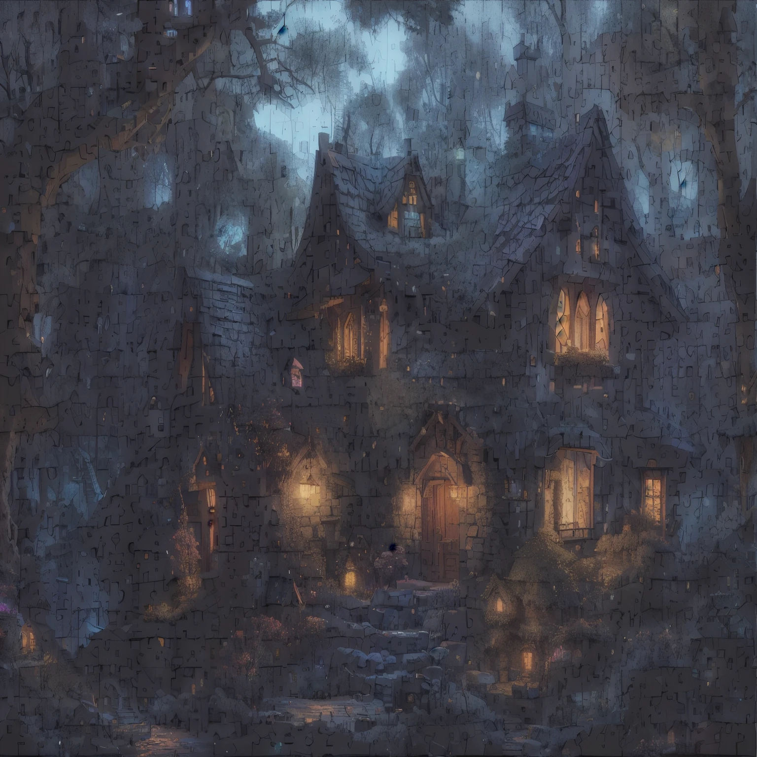 arafed image of a house with a lit up porch, cosy enchanted scene, dimly-lit cozy tavern, fantasy house, a multidimensional cozy tavern, fantasy highly detailed, magic fantasy highly detailed, dimly lit cozy tavern, ultra detailed fantasy, witch cottage in the forest, cottage in the forest, thomas kinkade cfg _ scale 8