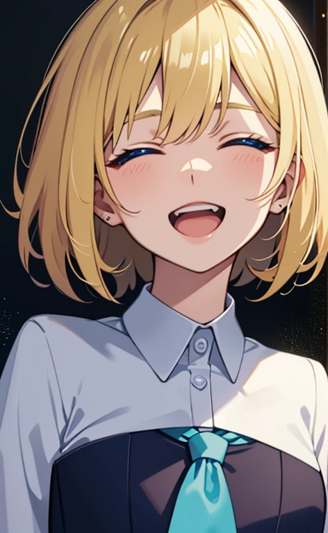 (masterpiece、top-quality、8k size wallpaper、offcial art)、(portrait,upper body:1.6)、(1girl),(very loud laugh,Open mouth:1.3),(half closed eyes),cute face,blue eyes、(short hair)、
,(stand),(Shining smile),(Sparkling:1.3),(Sparkling:1.3),(Sparkling:1.3),
,(slender),(school uniform),(long fluorescence blonde hair1.3), (small breasts)、
、fluorescence、classroom,JK、