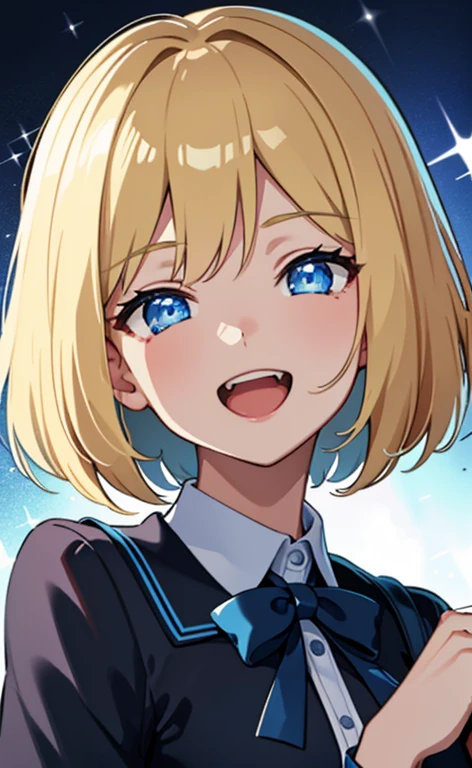 (​masterpiece、top-quality、8k size wallpaper、offcial art)、(portrait,upper body:1.6)、(1girl),(very loud laugh,Open mouth:1.3),(half closed eyes),cute face,blue eyes、(short hair)、
,(stand),(Shining smile),(Sparkling:1.3),(Sparkling:1.3),(Sparkling:1.3),
,(slender),(school uniform),(long fluorescence blonde hair1.3), (small ???????)、
、fluorescence、classroom,JK、