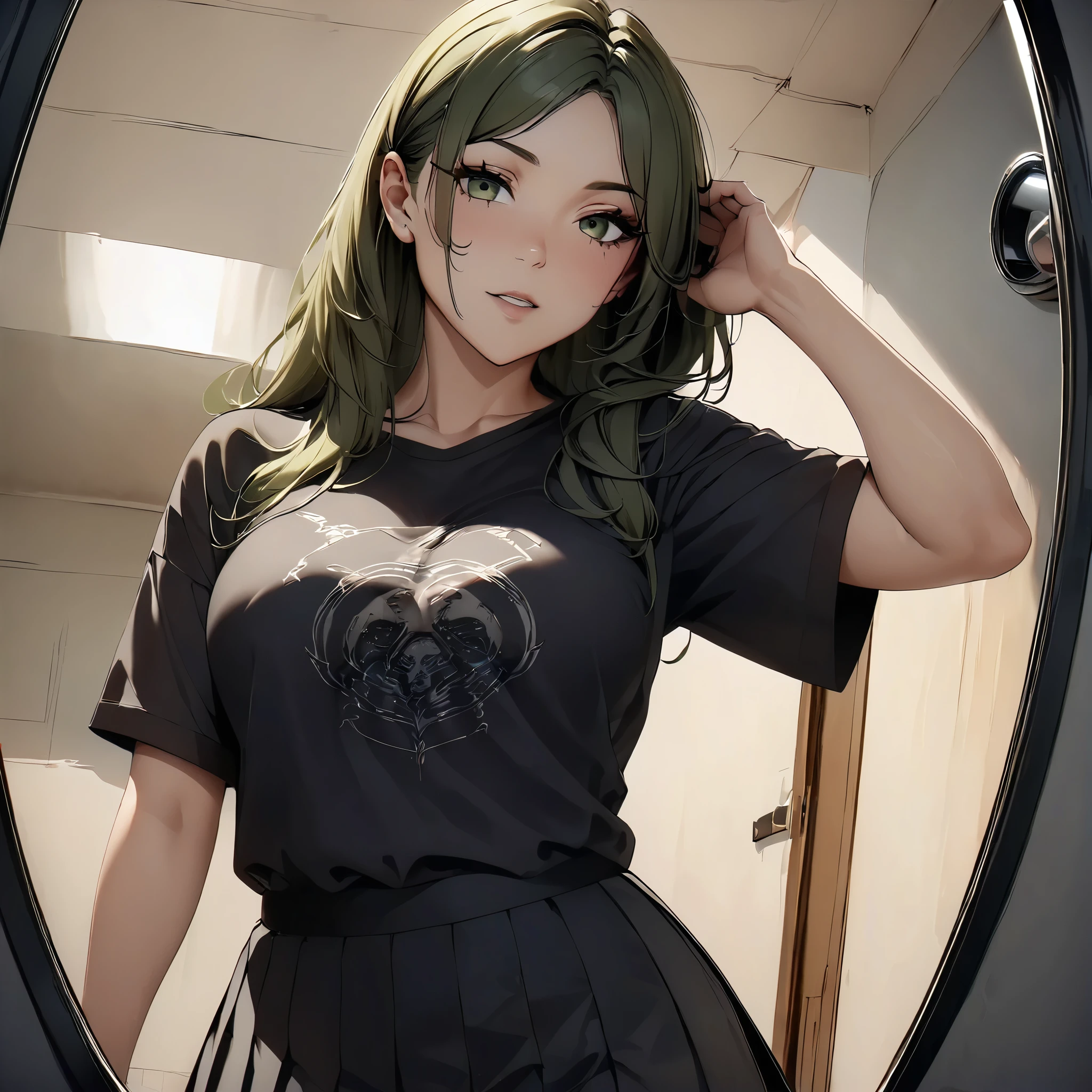 best quality, 4k, (Masterpiece:1.3), The view from the peephole, perfect anatomy, hot pose, hot anatomy, Realistic attractive woman, 20 years old, ,deep green hair, detailed hair, semi big breasts. , self-confident. black oversized tshirt, dark pleated skirt. gothic outfit Screen vignetting, wide angle shot, The corners of the screen are blackened., There is a thrilling feeling when watching through a peephole. apartment hallway simple background, shot straight:1.3
