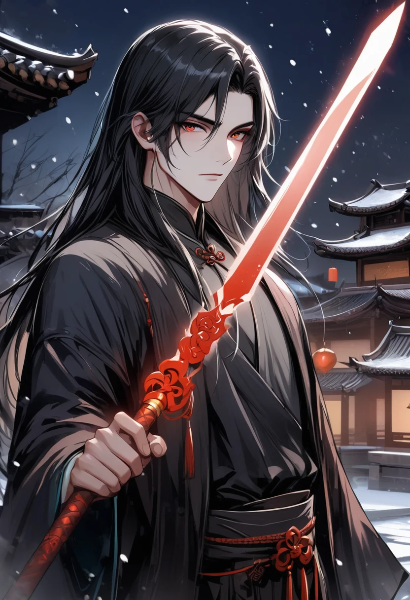 , hua cheng, 1boy, male focus, handsome, black hair, straight hair, long hair, Chinese ancient costume, jewelry,  Chinese architecture, night, outdoors, looking at viewer, masterpiece, best quality, snowing,holding weapon,1boy, glowing weapon