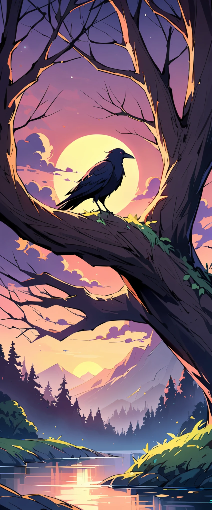 (highest quality、Super detailed)、forest、morning、foggy、Bright colors、unforgettably beautiful、mysterious light、Graceful branches、delicate leaves、quiet atmosphere、graceful、graceful生き物、black feather、sharp eyes、Intellectual gaze、Inquisitive nature, (Crow) Perched on a tree、(river flow)、(evening)