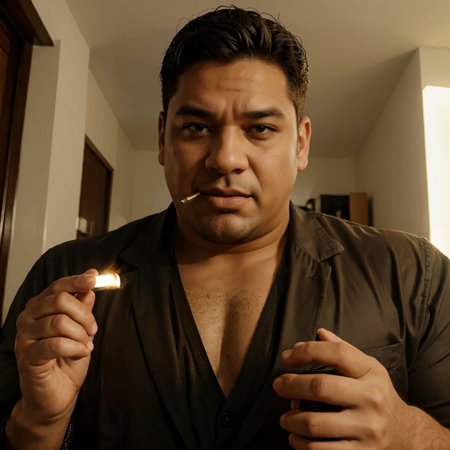 Um homem adulto calvo e obeso fumando um cigarro gigante