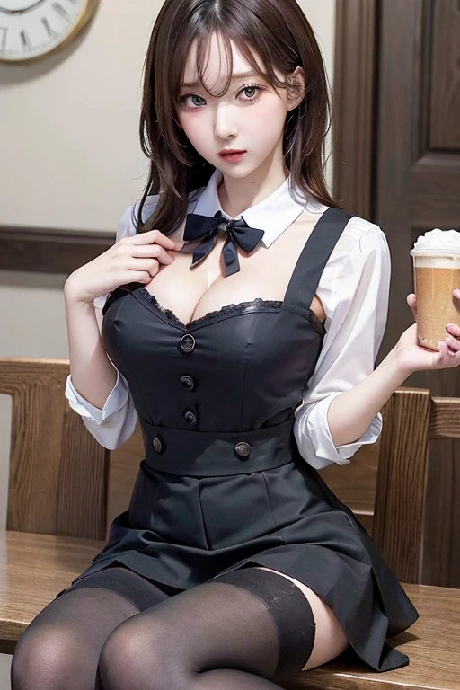 ((best quality)), ((masterpiece)), (detailed), perfect face, big bust, short skirt, stockings, High school girls, cafe, thin face, Slender, cleavage, upskirt