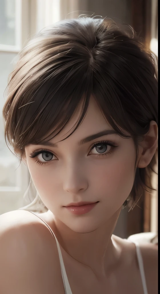 8k uhd、RAWphotograph、モデルphotograph撮影、European race, (masterpiece, highest quality, photorealistic, High resolution, photograph: 1.3), Close-up, Focusing, hot models, slim, 30 year old mature woman、small face、short cut hair、dark brown hair、Detailed beautiful eyes、realな肌, (perfect body), Sexy hot face, erotic, sexual gaze, slim, Sweat top, Detailed beautiful eyes、glossy lips、small breasts、、bust B cup、((bright light、dynamic lighting、real、超real、 realism、realistic details、Cool Beauty、cool pose、A shady character、sexy costume、I can&#39;t smile、background gray、Plain gray background