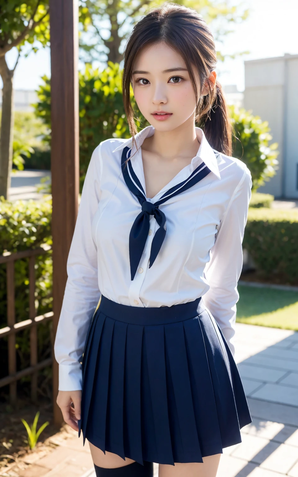(8K, best quality, masterpiece:1.2), (realistic, photo-realistic:1.37), (high color saturation:1.0), (highly detailed skin), (highest quality:1.0), (ultra high resolution:1.0) ,(realistic:1.0), (Super detailed:1.0), (8K, Raw photo:1.1)、standing random pose, smiling, natural breast, perfect lighting, ((3girls students)), 18years old, (mysterious), clear and detailed, ((school_uniform, Japanese sailor uniform, flared skirt)), (classroom), cute face, (no panties),