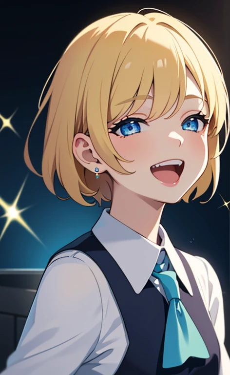 (​masterpiece、top-quality、8k size wallpaper、offcial art)、(portrait,upper body:1.6)、(1girl),(very loud laugh,Open mouth:1.3),(half closed eyes),cute face,blue eyes、(short hair)、
,(stand),(Shining smile),(Sparkling:1.3),(Sparkling:1.3),(Sparkling:1.3),
,(slender),(school uniform),(long fluorescence blonde hair1.3), (small breasts)、
、fluorescence、classroom,JK、