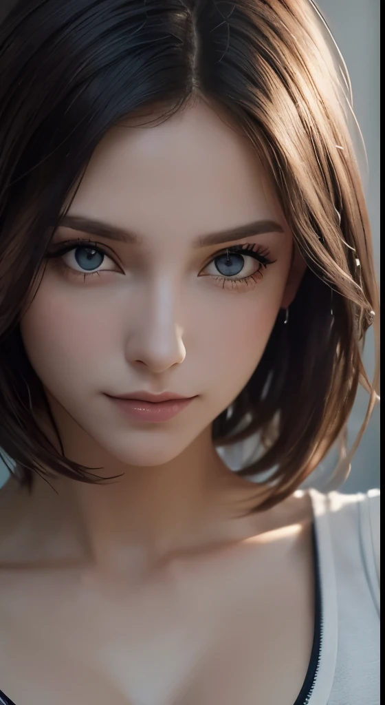 8k uhd、RAWphotograph、モデルphotograph撮影、European race, (masterpiece, highest quality, photorealistic, High resolution, photograph: 1.3), Close-up, Focusing, hot models, slim, 30 year old mature woman、small face、short cut hair、dark brown hair、Detailed beautiful eyes、realな肌, (perfect body), Sexy hot face, erotic, sexual gaze, slim, Sweat top, Detailed beautiful eyes、glossy lips、small breasts、、bust B cup、((bright light、dynamic lighting、real、超real、 realism、realistic details、Cool Beauty、cool pose、A shady character、sexy costume、I can&#39;t smile、background gray、Plain gray background