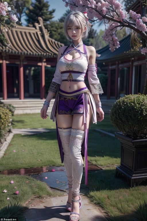best picture quality,Highest resolution,8K,(full body picture),Unreal Engine 5 rendering works,(digital photography), 20 year old girl,Short hair details,Have long bangs,(Purple eye makeup is very delicate),(White short hair 3.0),(Moderate, D cup breasts),Elegant and noble,animal ears,Height 175cm,Navel exposed (Lace combat suit combines the characteristics of Chinese fairy costumes,Combined with the characteristics of Dunhuang clothing,The ribbon flowes,golden pattern),Chinese ancient style characters,natural background,Garden meadow ,((3D Unreal Engine)),OC rendering reflection pattern