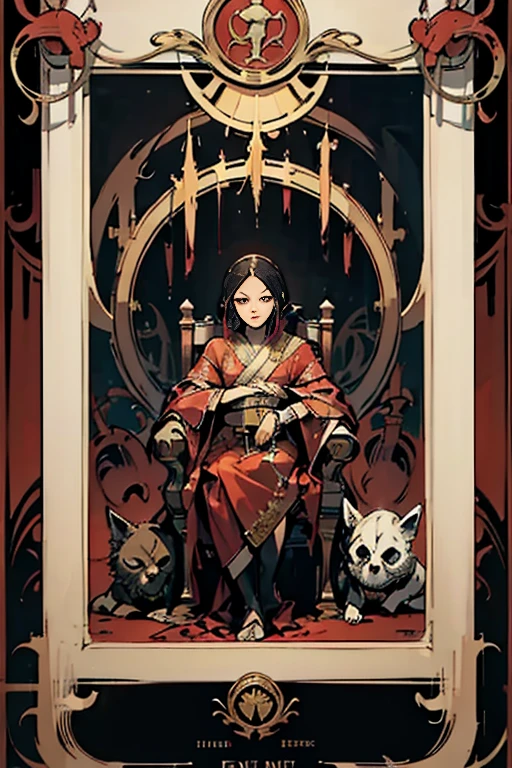 highest quality,masterpiece,((tarot cards,(Horror taste)、Art Deco Frame)),３：emperor、A throne with a sense of dignity、初老のemperorが甲冑を着たまま座っています。The bright red robe、The sacrifices and strong enthusiasm、It&#39;s as if it&#39;s telling a story