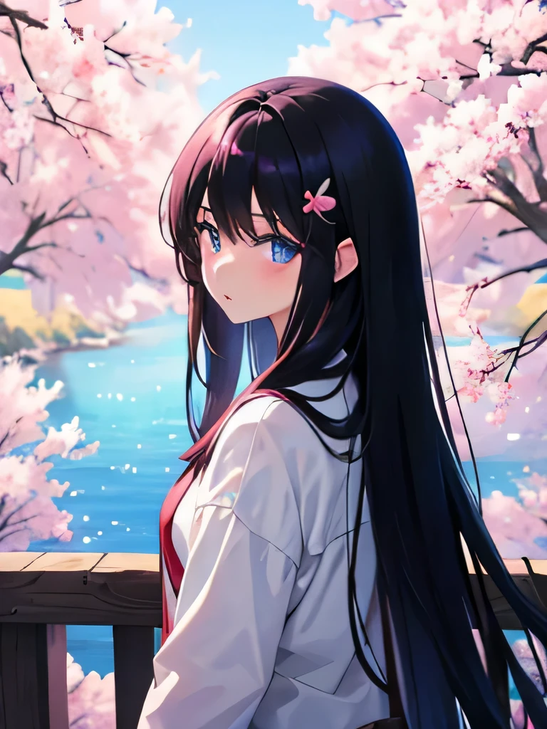 Anime girl, long hair, black hair, blue eyes, neutral features, scenery with purple cherry trees.