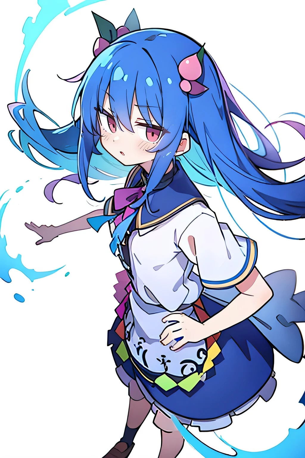 (masterpiece),best quality, expressive eyes, perfect face, 1girl,
 Put your hands on your waist,fair, Gorgeous,Japanese cartoons,girl,lola,Hina Angel, blue hair, blue haired, floating clothes,Grab your waist, Grab your waist, hands on hips , hands on hips,sit, sit on ground, Legs on the ground, flat chest