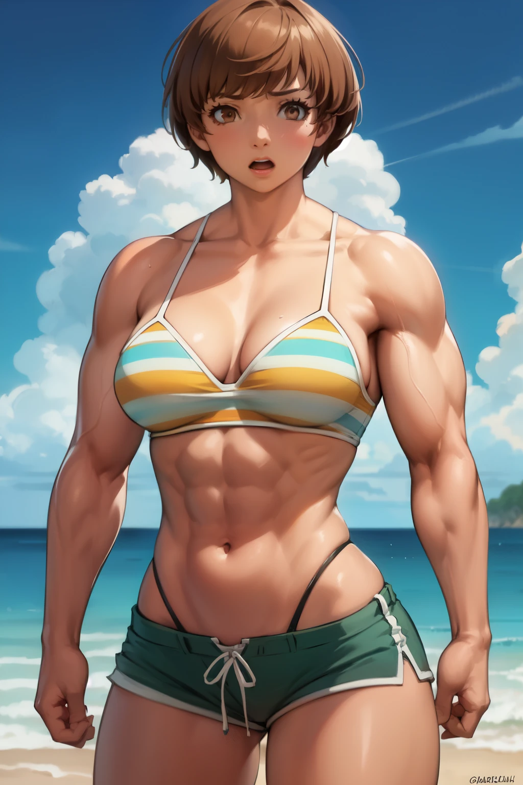 masterpiece, best quality, beach, looking at viewer, blue sky
chiep4, chieswimsuit, shorts, bikini, striped, midriff  , ((big breasts:0.8)),weak muscular ,(( thin) ((sexually aroused )) strong , a pleading expression  ((hyper muscular:0.8 )) Medium bust ,surprised

