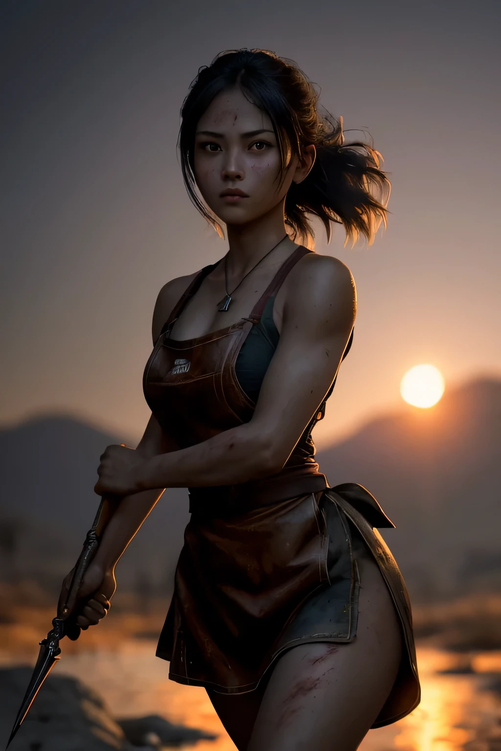 (masterpiece), (very complicated:1.3), (realistic), girl portrait, (dark fantasy, gore), (dynamic perspective), the most beautiful in the world, (waitress), outdoor, running fighting stance, dry river bed, Kure, Haifa, Stunning female professional photo details, sharp focus, dramatic, Award history, cinematic lighting, Octane Rendering Unreal Engine, volumetrics dtx, (film grain, blurred background, blurred foreground, Bokeh, Depth of the bounds written, sunset), holding sickle