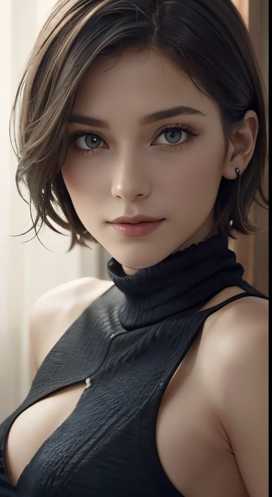 8k uhd、RAWphotograph、モデルphotograph撮影、European race, (masterpiece, highest quality, photorealistic, High resolution, photograph: 1.3), Close-up, Focusing, hot models, slim, 30 year old mature woman、small face、short cut hair、dark brown hair、Detailed beautiful eyes、realな肌, (perfect body), Sexy hot face, erotic, sexual gaze, slim, Sweat top, Detailed beautiful eyes、glossy lips、small breasts、、bust B cup、((bright light、dynamic lighting、real、超real、 realism、realistic details、Cool Beauty、cool pose、A shady character、sexy costume、I can&#39;t smile、background gray、Plain gray background