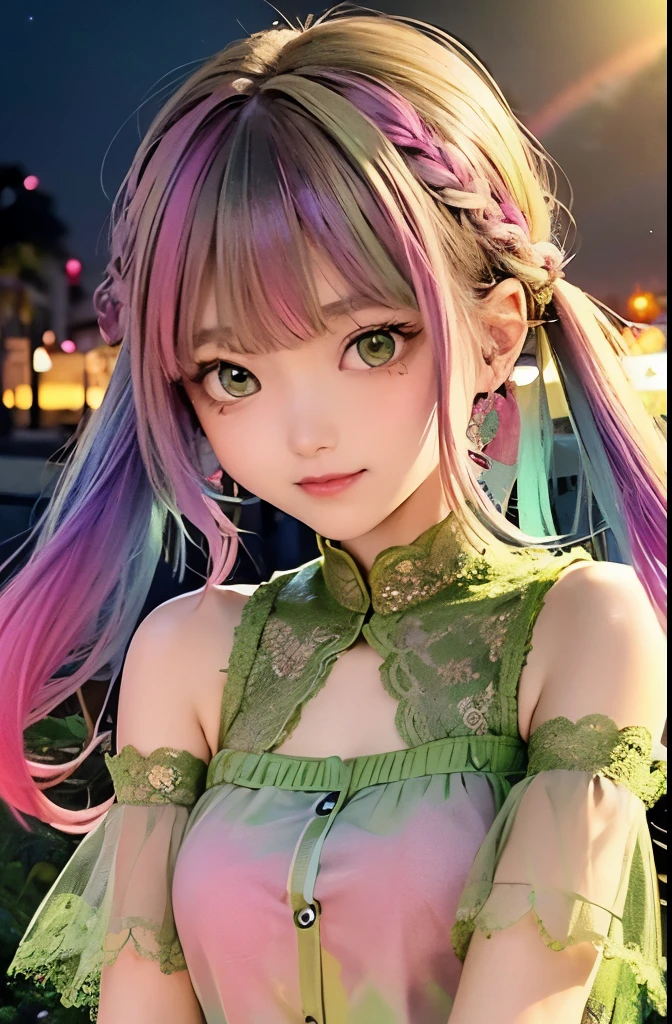 small face、 (alone:1.5,)Super detailed,bright colors, very beautiful detailed anime face and eyes, look straight,  shiny_skin,girl, (((rainbow colored hair, colorful hair, 半分はgreen、half pink hair: 1.2))), 、shiny hair, delicate beautiful face, blush、Glasses、(turquoise eyes), , Valletta, earrings,、flower garden、sunset、(（(green、Stylish lace mini skirt,Translucent shirt)))、（twin tails）、smile、happy face、face dyed red、cheerful pose、dynamic、Head to toe full body portrait、（I can see the whole body）