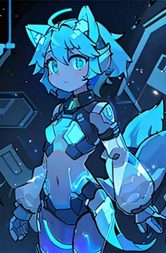 a robot with fox hologram ears and light blue hologram tail