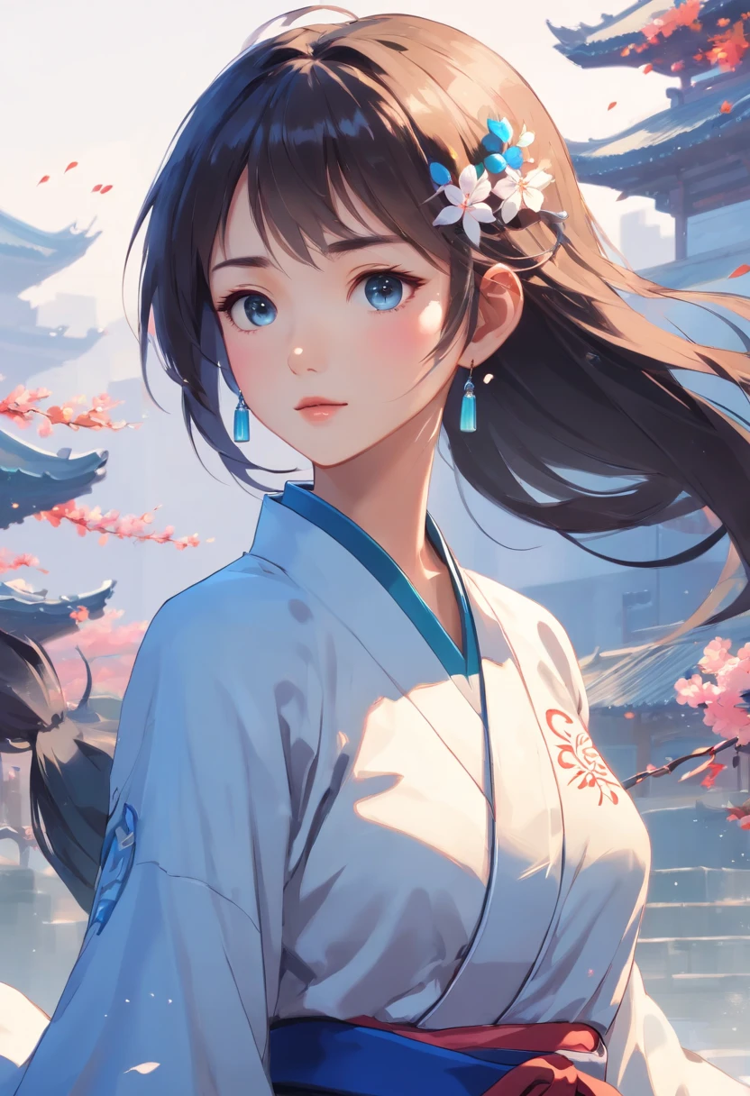 (Masterpiece, top quality, best quality), ((Wuxia World, Xiuxian, Chinese martial arts,)), (1 girl solo), (full body), (gentle eyes), (ancient Chinese clothes, cyan robe, embroidered collar Uesugi, white large-sleeved shirt, streamers), (hairpin, long black hair), (Hanfu), light pink lips, (young), earrings, white skin, (clear facial features, detailed skin texture, beautiful face, facial highlights, waist up), color ink painting, splash color, sketch, denoising, splash ink, Dramatic, cinematic grade, white background, standing, slim figure, 8k uhd, SLR, soft light, high quality, high resolution, (very detailed CG unity 8k wallpaper)