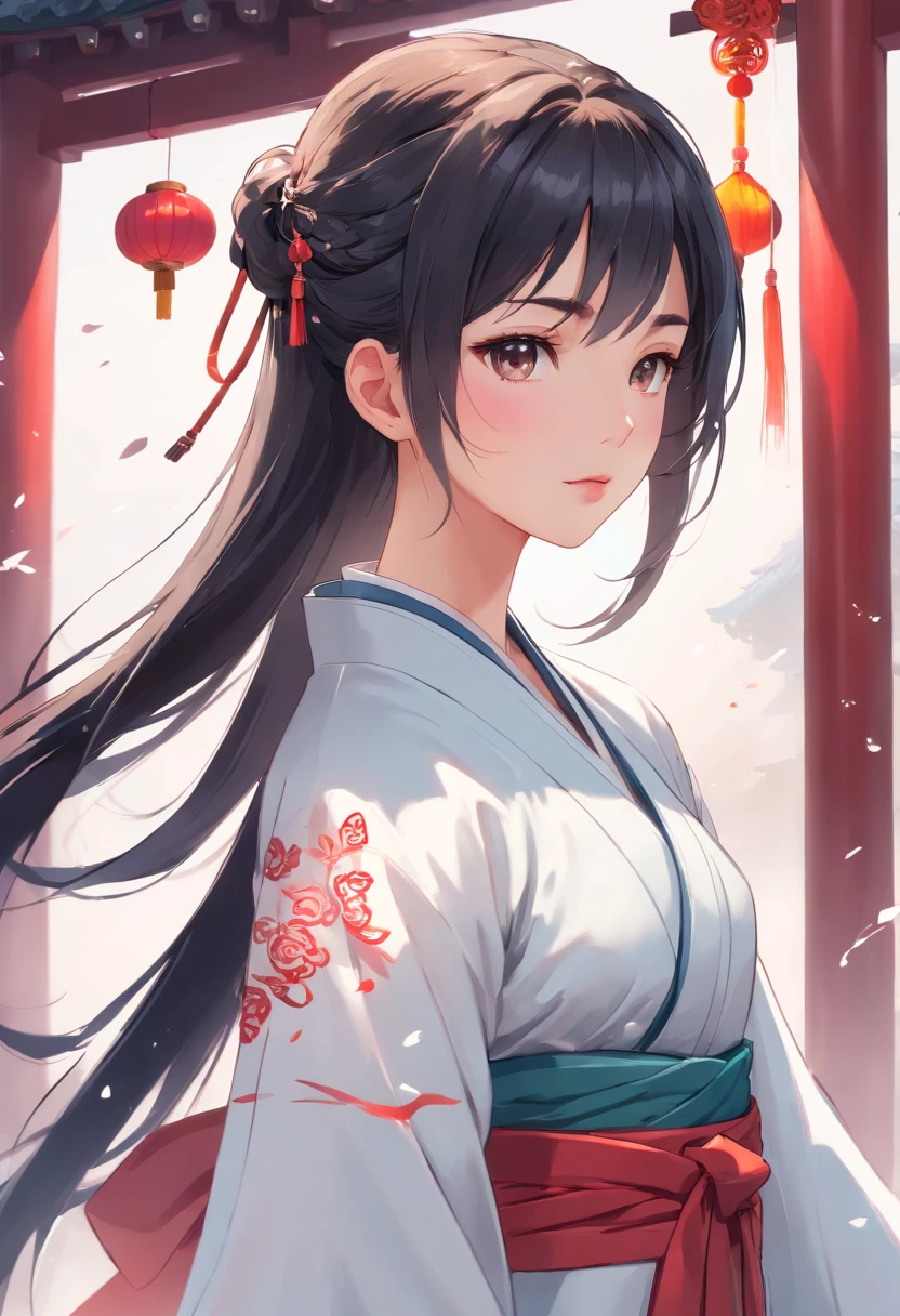 (Masterpiece, top quality, best quality), ((Wuxia World, Xiuxian, Chinese martial arts,)), (1 girl solo), (full body), (gentle eyes), (ancient Chinese clothes, cyan robe, embroidered collar Uesugi, white large-sleeved shirt, streamers), (hairpin, long black hair), (Hanfu), light pink lips, (young), earrings, white skin, (clear facial features, detailed skin texture, beautiful face, facial highlights, waist up), color ink painting, splash color, sketch, denoising, splash ink, Dramatic, cinematic grade, white background, standing, slim figure, 8k uhd, SLR, soft light, high quality, high resolution, (very detailed CG unity 8k wallpaper)
