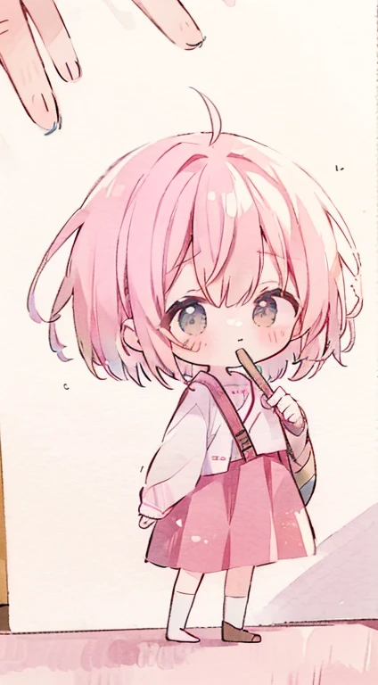 Chibi、pink military uniform、skirt、ribbon、clear face、happen、droopy eyes、put your hands on your hipasterpiece、best image quality、highest quality、cute,short twin tails,pink short hair