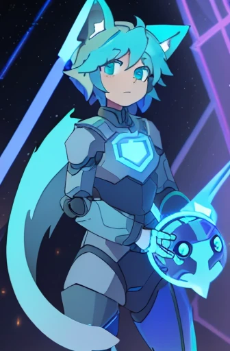 a robot with fox hologram ears and light blue hologram tail