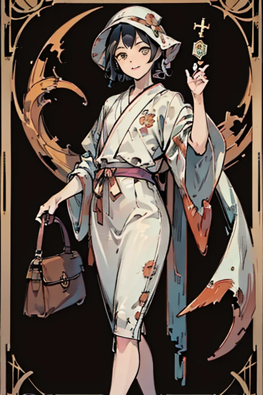 highest quality,masterpiece,((tarot cards,(Horror taste)、Art Deco Frame)),fool、With a little baggage in hand、The figure of him walking towards the cliff without looking at his feet、It is a cheerful and innocent adventurer.。Clown costume