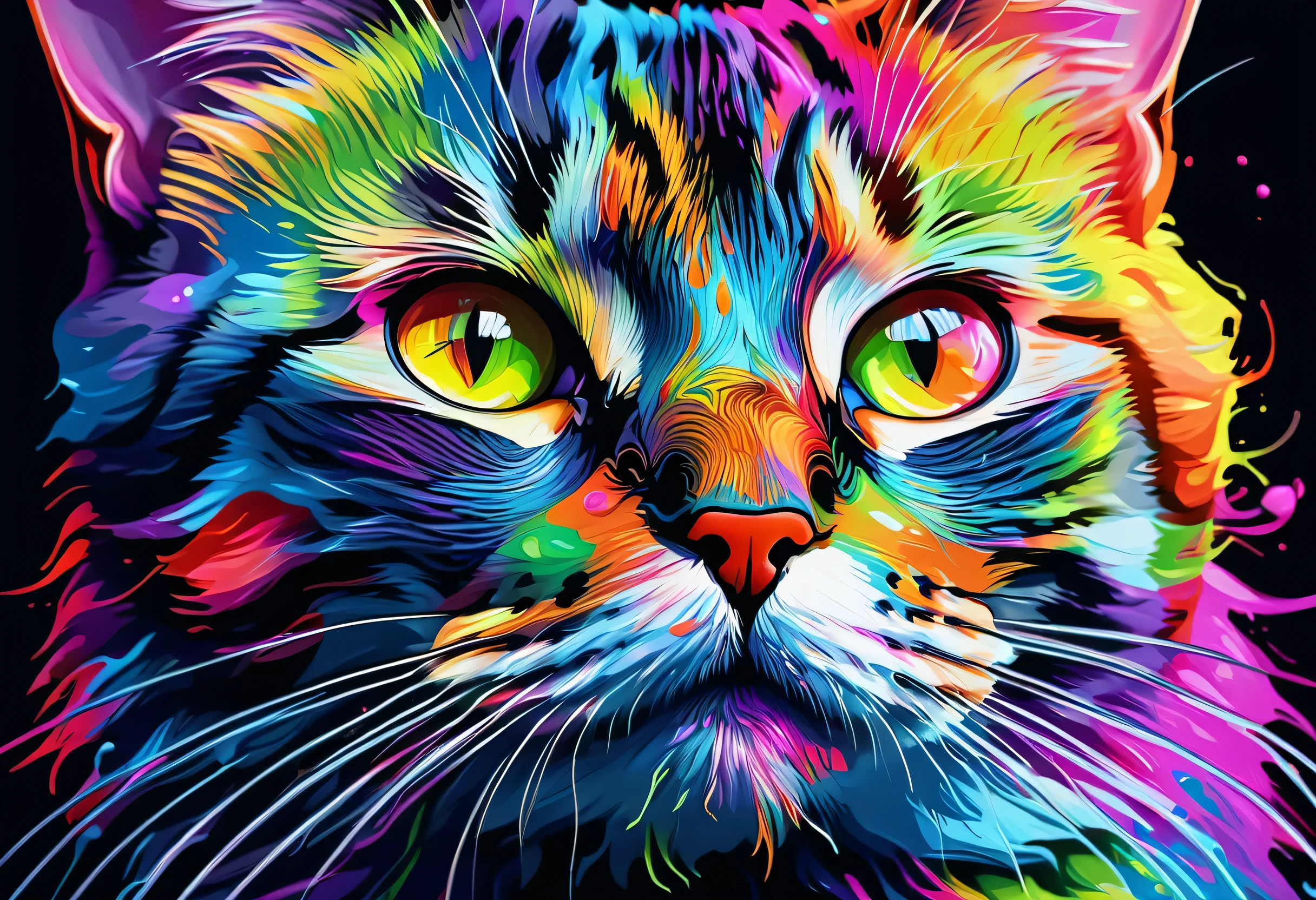 a painting of a Cat with colorful paint on it's face, Beautiful art UHD 4K, 4K high-definition digital art, 4k detailed digital art, detailed painting 4k, Cat. digital painting, beautiful neon Cats, digital art 4k, digital art 4k, digital painting highly detailed, Highly detailed art in 4K, awesome Cat, digital artwork 4k