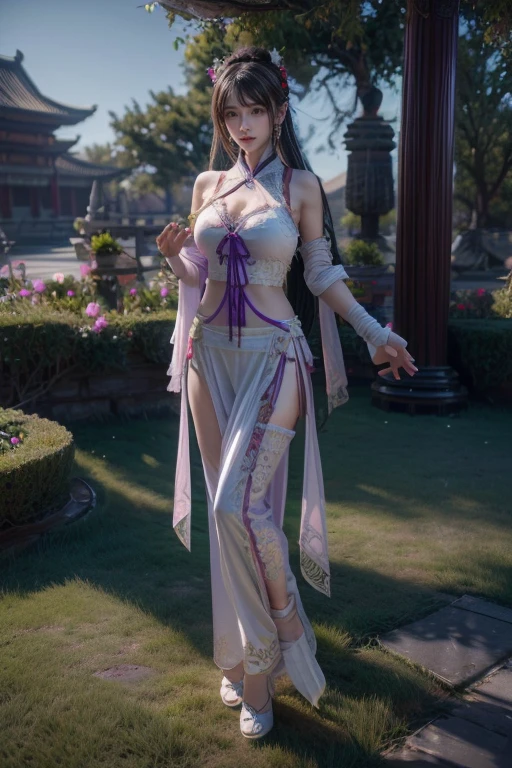 1 beautiful Van Hi girl in hanfu dress, A 27-year-old girl with an old lady's face, korean-doll, Thin purple silk shirt,Multi-white texture, white lace top, long platinum purple ponytail, hair adornments, ear jewelry, necklace and necklace , Carefully drawn large light purple eyes, meticulous makeup, Thin eyebrows, High nose, Nice red lips, Without smiling, pursed lips, rosycheeks, Enlarged breasts, Huge breasts, Well-proportioned breasts, Slim waist, purple mesh socks, chinese hanfu style, fictitious art textures, vivid and realistic colors, RAW photos, Realistic photos, ultra high quality 8k surreal photos, Fantastic lighting effects, 10x pixel, Magic effects (Historical architectural background: 1.8), Super detailed eyes, girl portrait, Girl Alone, (Historical Hanfu: 1.8)