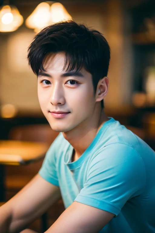 (best quality, highres, masterpiece:1.2), ultra-detailed, realistic:1.37, 28-years-old Japanese male, in a cafe at night, wearing a light blue round-neck T-shirt. The cafe table has a cup of coffee on it. His hair is neatly styled. Clean-shaven face with a gentle smile. He has a kind and thin face, very beautiful hair, bright appearance, handsomely like a model, handsomely like an idol, professional personal profile photo, professional portrait photo, detailed colorful portrait, idol's portrait, high-quality portrait.
