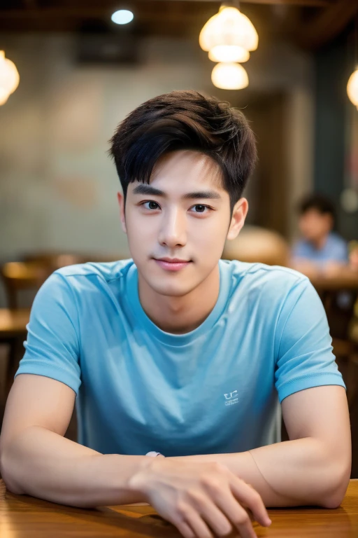 (best quality, highres, masterpiece:1.2), ultra-detailed, realistic:1.37, 28-years-old Japanese male, in a cafe at night, wearing a light blue round-neck T-shirt. The cafe table has a cup of coffee on it. His hair is neatly styled. Clean-shaven face with a gentle smile. He has a kind and thin face, very beautiful hair, bright appearance, handsomely like a model, handsomely like an idol, professional personal profile photo, professional portrait photo, detailed colorful portrait, idol's portrait, high-quality portrait.