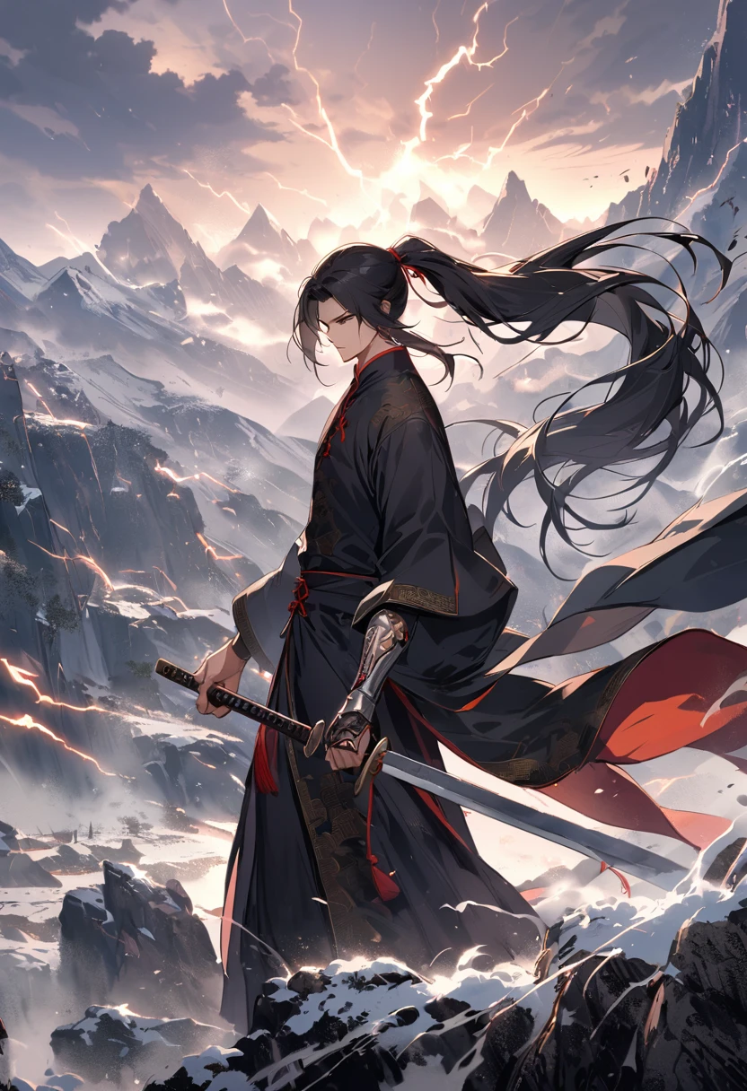 jiang hu, Mountain tops, cliffs, peaks, blizzards, Pitched battle, Lightning, weapon, sword,1boy, black hair, male focus, long hair, holding, ponytail, holding weapon, holding sword, solo, standing, arm guards, smoke, closed mouth, long sleeves, black robe, floating hair, high ponytail, chinese clothes, ,
