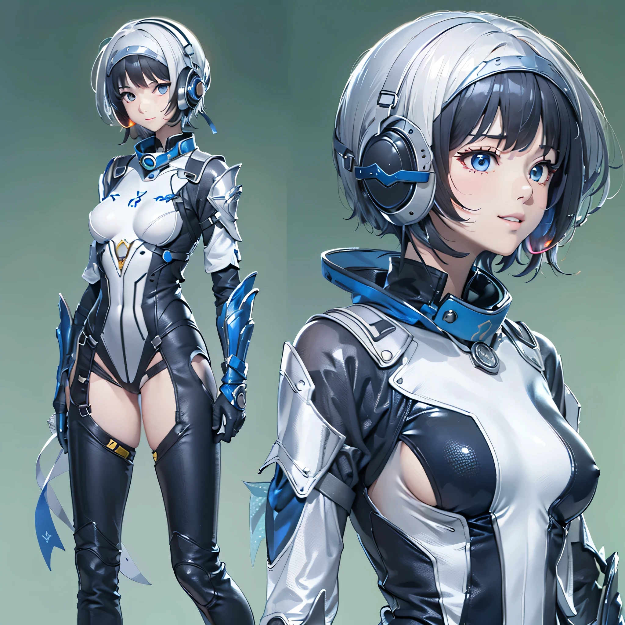 (masterpiece、highest quality、highest resolution、clear_image、detailed details、Angle from above): (full body figure、One 20 year old girl、Japanese faces、small face、Slender、Navy blue super short bob cut hair、(hidden small breasts:1.3)、sparkling blue eyes、Shiny pilot suit in blue and black colors、armor that protects the chest、tight fitting clothes、clothes that cover the whole body、shiny clothes、tight fit pants、hide the skin、very delicate and beautiful、detailed skin、hide thighs、Hide your ass、cute type、gentle smile、soft expression、heroine、headset、Knee-high boots、gloves up to the elbow、eye level shot、facing directly、woman on a spaceship)