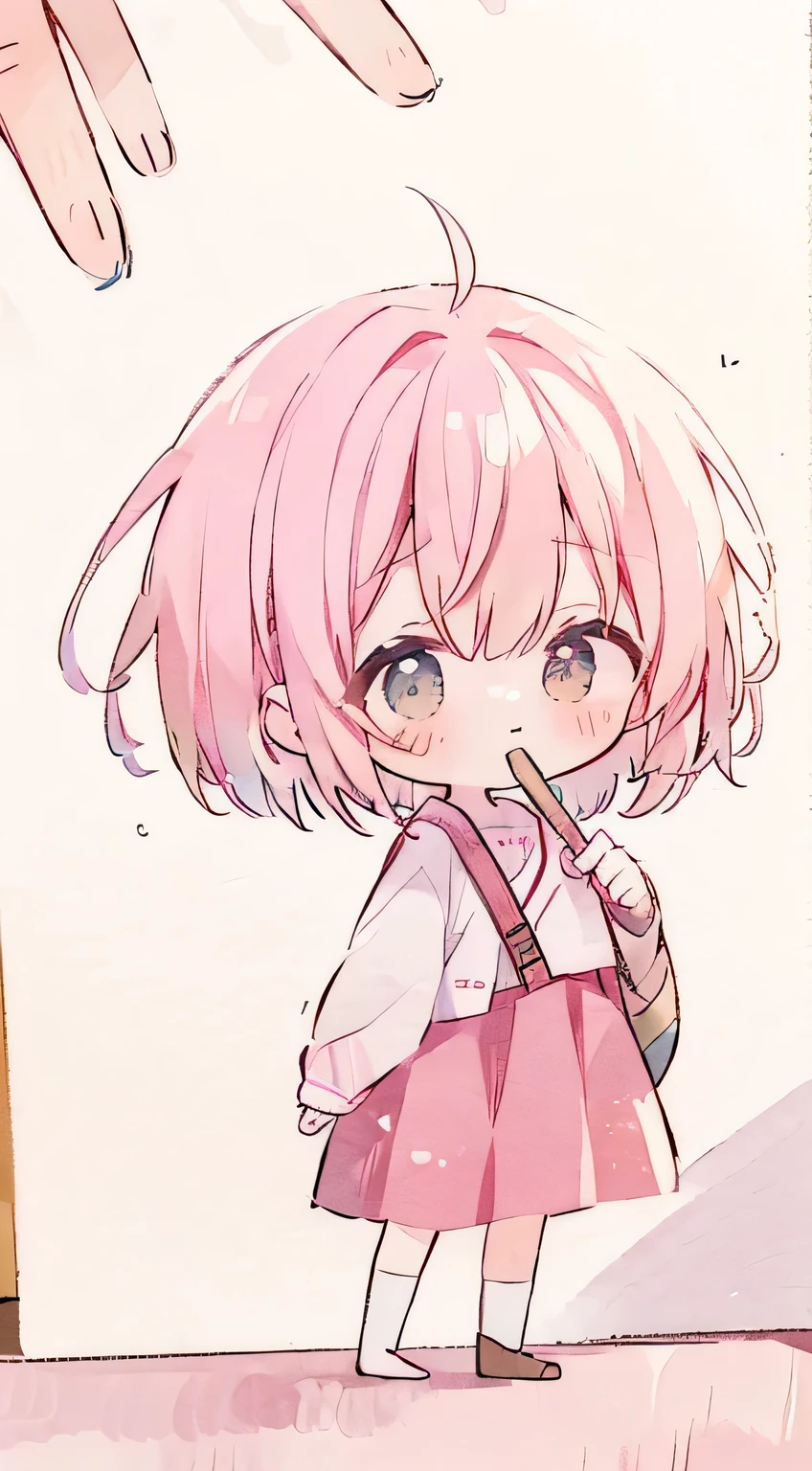 Chibi、pink military uniform、skirt、ribbon、clear face、happen、droopy eyes、put your hands on your hipasterpiece、best image quality、highest quality、cute，short twin tails,pink short hair