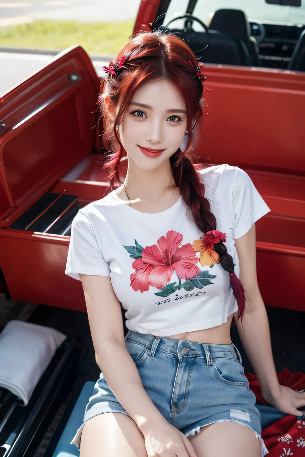 beautiful girl, Wear a T-shirt with a hibiscus pattern., blue short jeans skirt, red hair braid, Sitting in the back of a pickup truck, Big speakers in many colors, smile, laugh, Big chest 700 cc, I'm wet., Wet clothes, half body