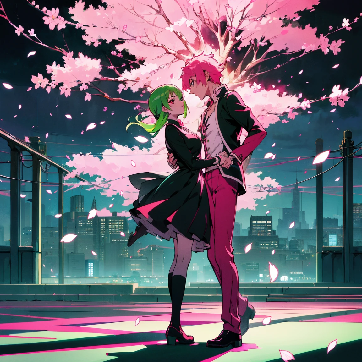 (top quality), (masterpiece), (Super detailed), (shortcut), (A man with bright pink hair and red eyes and a woman with green hair and green eyes are standing back to back), (cool pose), (oversized hoodie), (Street style), (neon), (modern city), (neonデイライト), (cinematic), (stylish), (High resolution), (hyper-detailed), (soft town), (Nightcore), (a handsome guy), (natural appearance of the building), (Kaguya-sama: Love is War anime style), (Low - Angle), (visualize), (Wear headphones), (cherry blossoms are dancing), Male and female), (school uniform)
