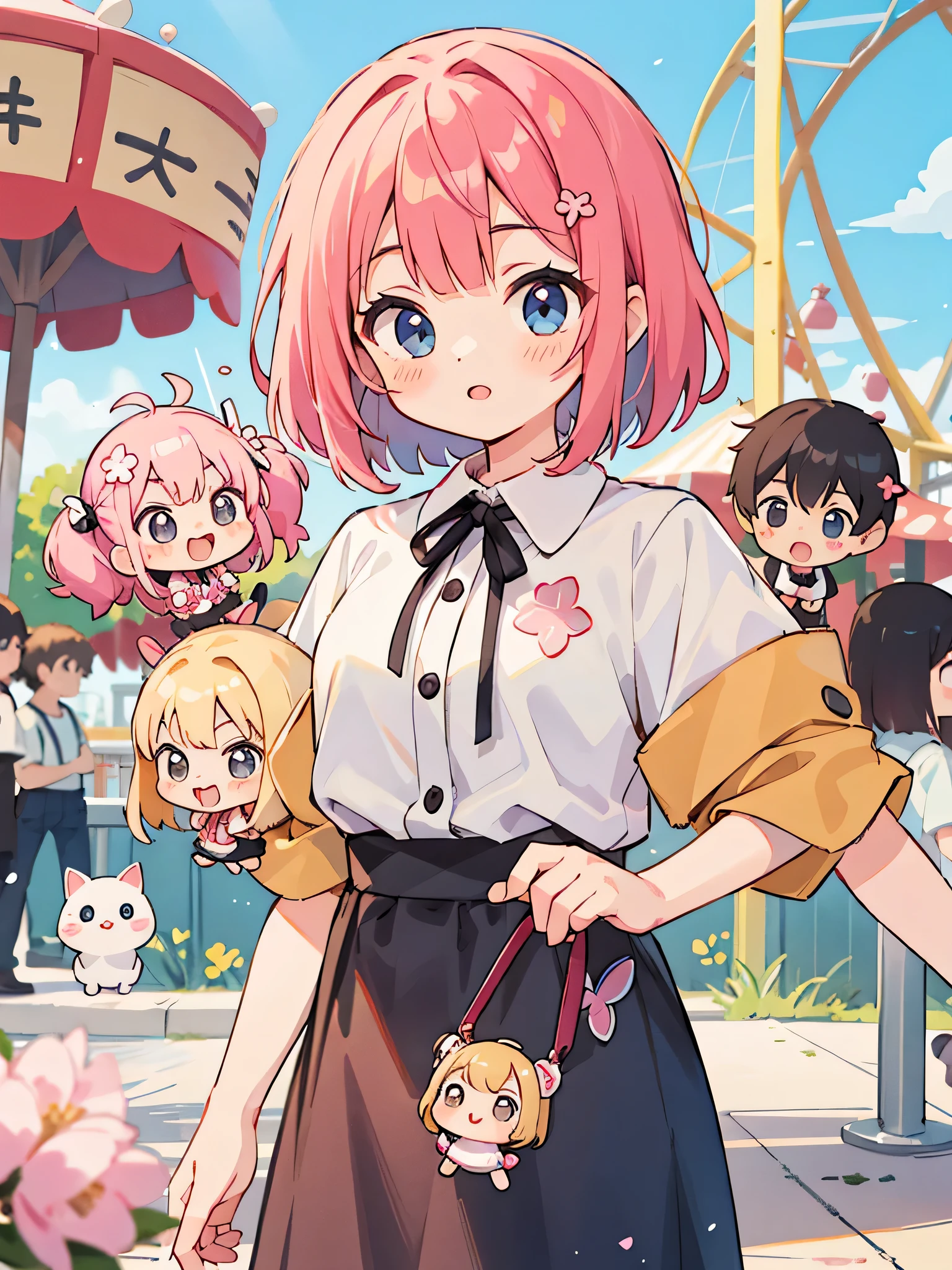 Momoko Sakura style, Kawaii Design, (((10 people)))、most beautiful girl ever、Chibi, Colorful bob hair、((Lots of friends))、amusement park