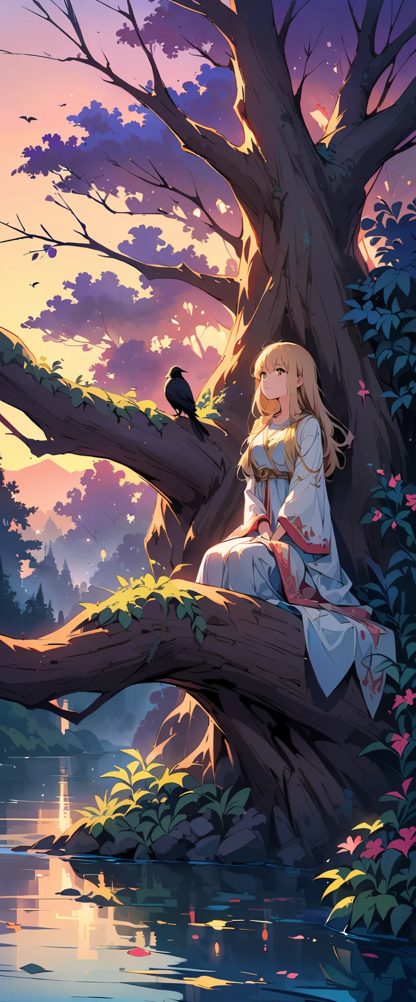 (highest quality、Super detailed)、forest、morning、foggy、Bright colors、unforgettably beautiful、mysterious light、Graceful branches、delicate leaves、quiet atmosphere、graceful、graceful生き物、black feather、sharp eyes、Intellectual gaze、Inquisitive nature, (Crow) Perched on a tree、(river flow)、(evening)