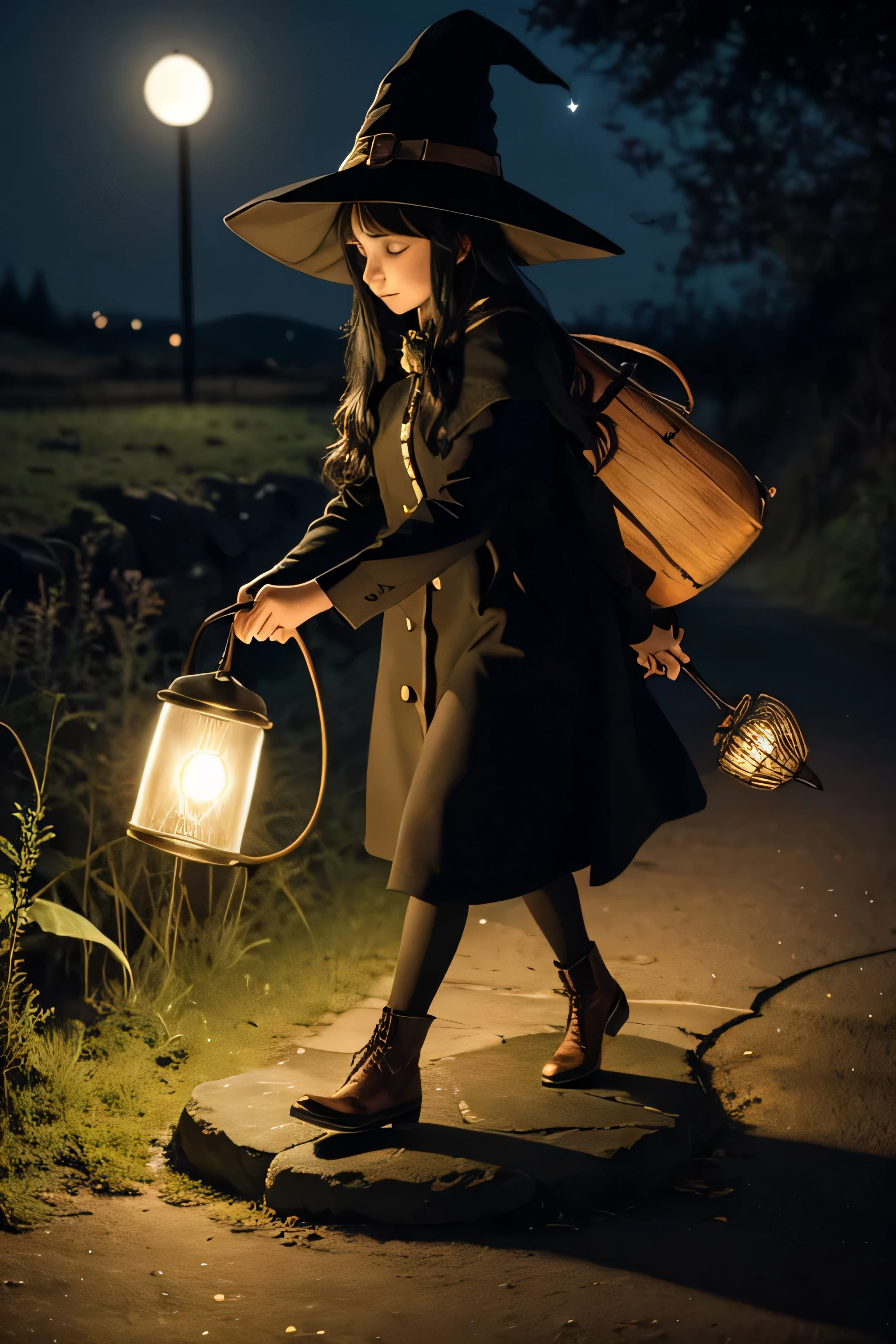 Snufkin　adult woman　wild　long hair　black hair　curl　witch　Traveling　night　lamp