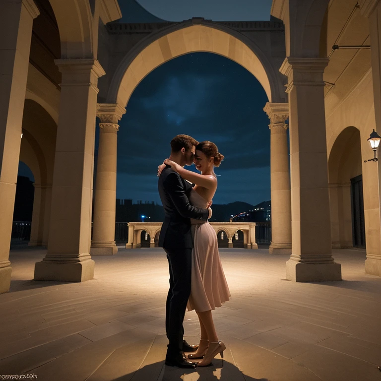 Make a cutesnd realistic image of a couple  dancing in front of a beautiful building at night.